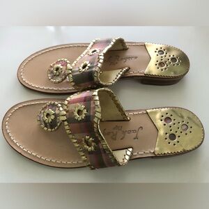 Jack Rogers Gold Metallic and Plaid Flat Sandal Size 8